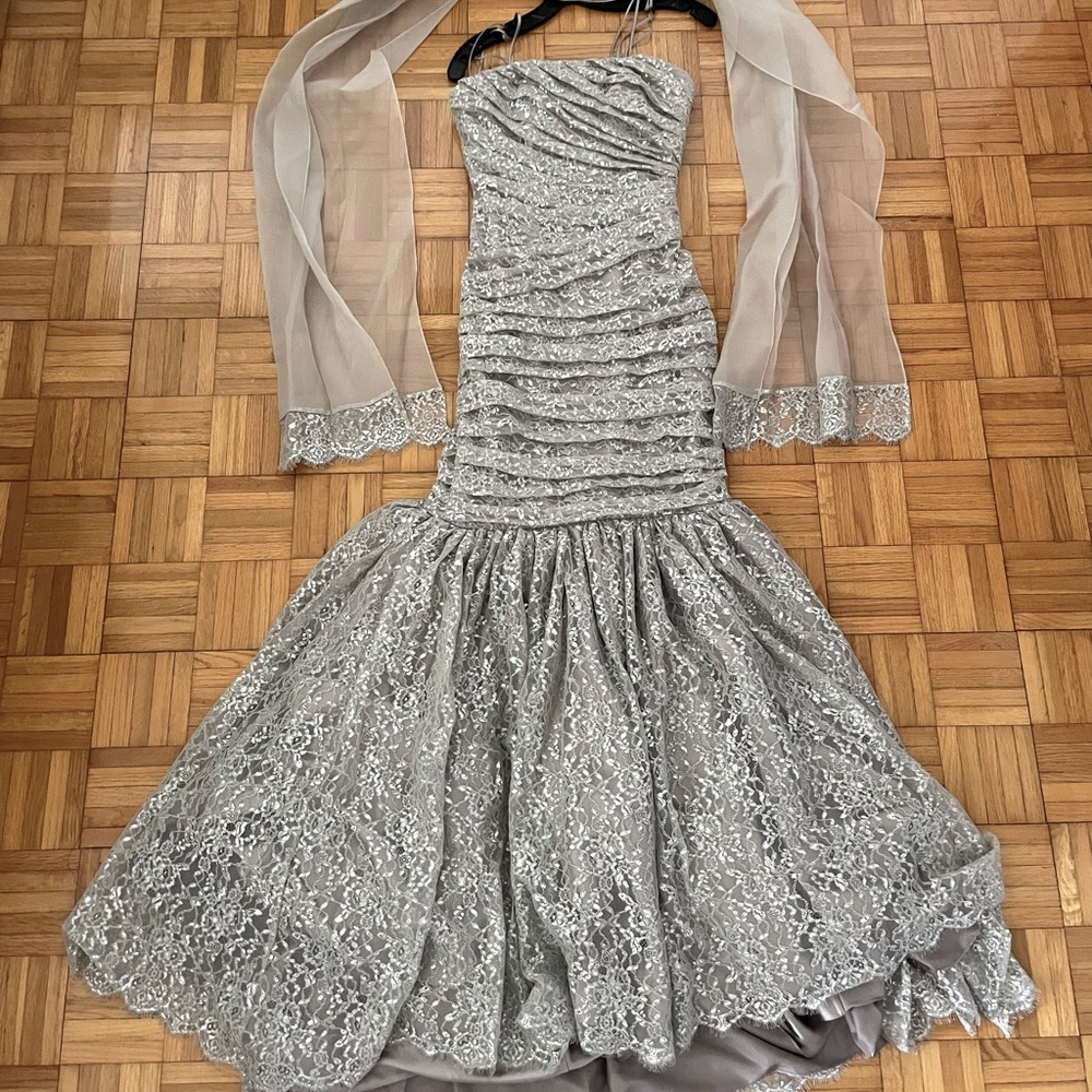 Theia strapless mermaid maxi Silver Lace Dress